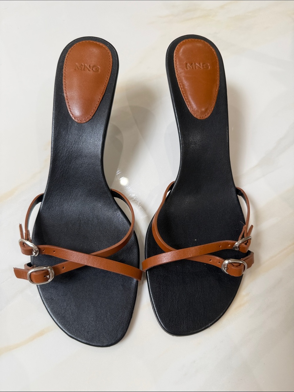 Zara Black Footbed Slide Sandals with Brown Straps